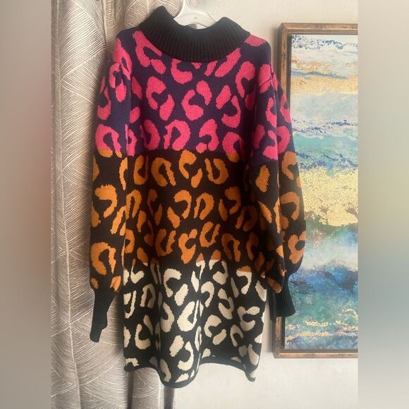FARM Rio Leopard Pattern Sweater Dress High Neck Multicolored Sz L NWT - Picture 8 of 17